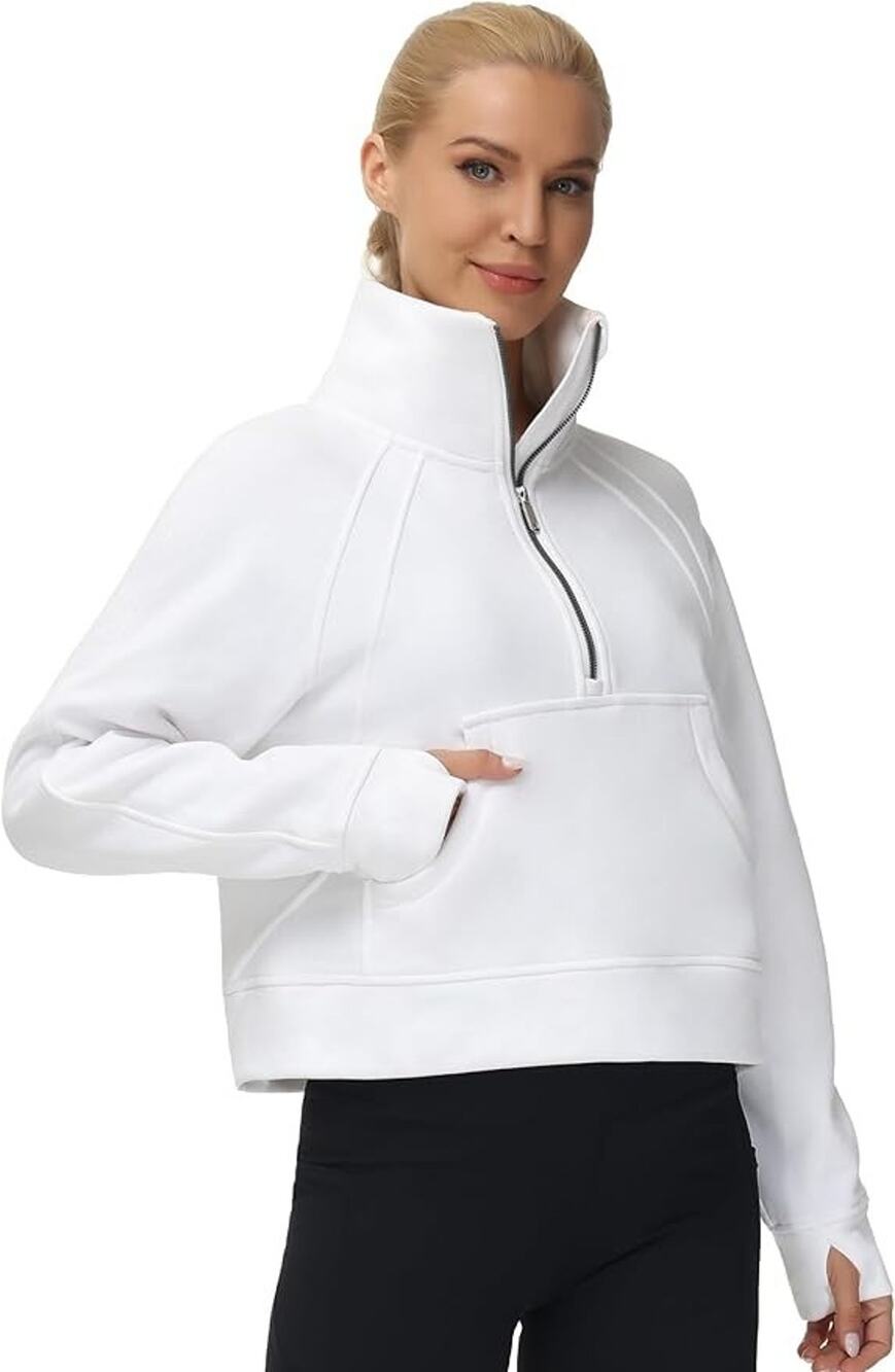 The Gym People Women's White Half Zip Fleece Stand Collar Crop Sweatshirt, Sz XL